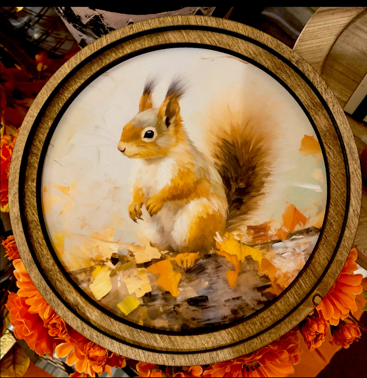 Fall Leaves and Squirrel Picture with Wood Frame