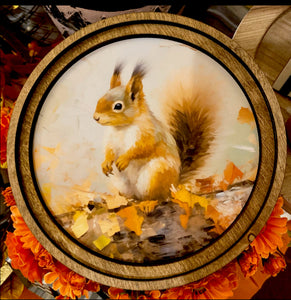 Fall Leaves and Squirrel Picture with Wood Frame