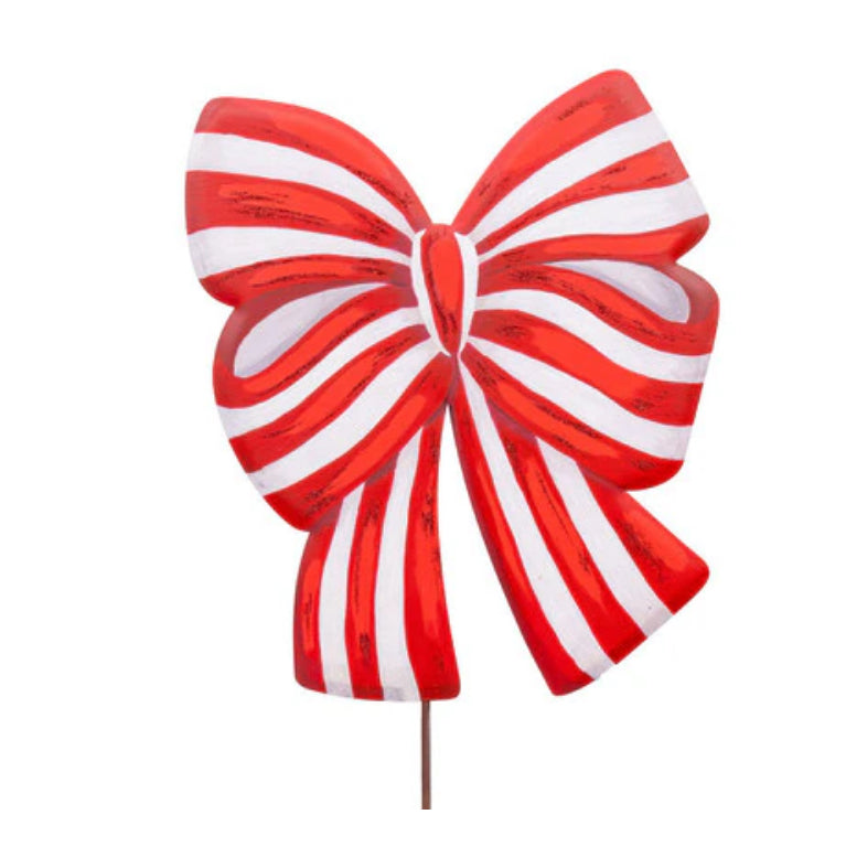 Christmas Red and White Stripe Bow Metal Stake