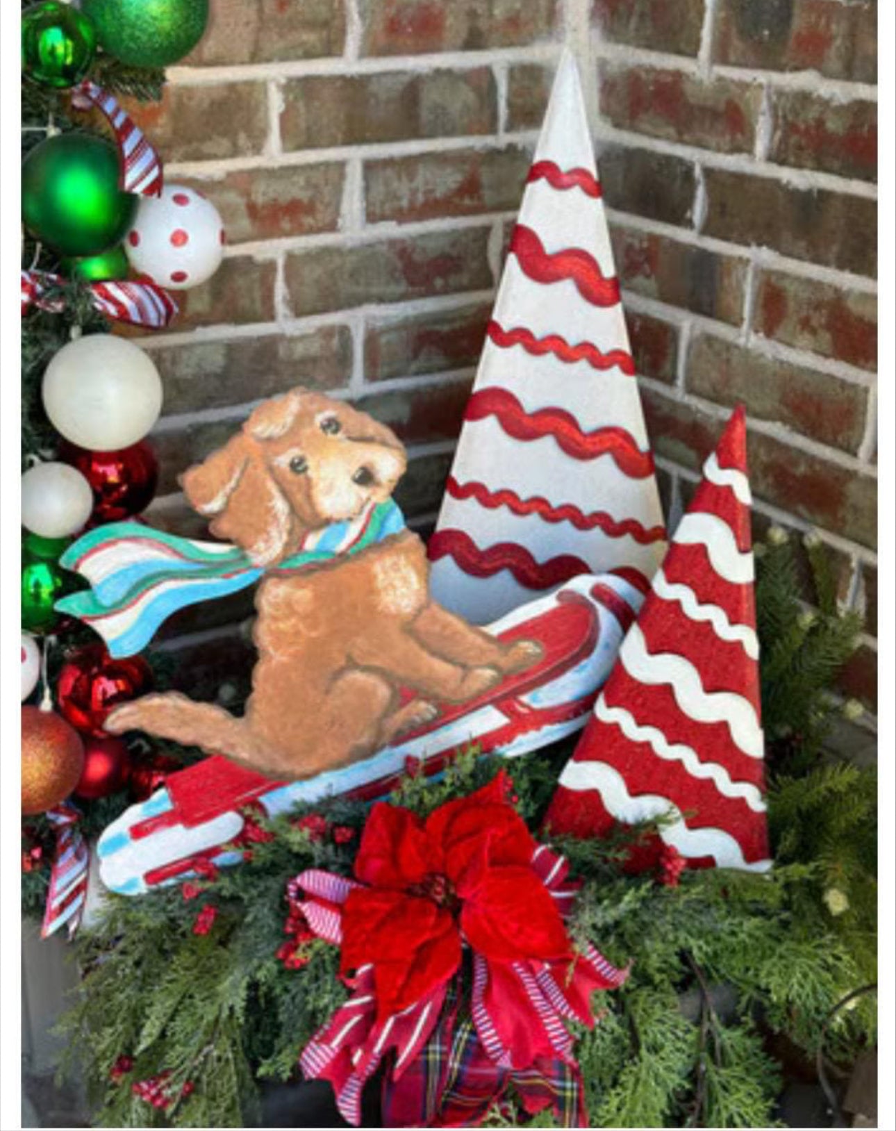 Sledding Golden Doodle on Red Sleigh Metal Outdoor Stake