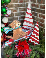 Load image into Gallery viewer, Sledding Golden Doodle on Red Sleigh Metal Outdoor Stake
