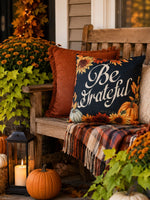 Load image into Gallery viewer, Fall Black Be Grateful Pumpkins and Sunflowers Outdoor Pillow with Tan Backside
