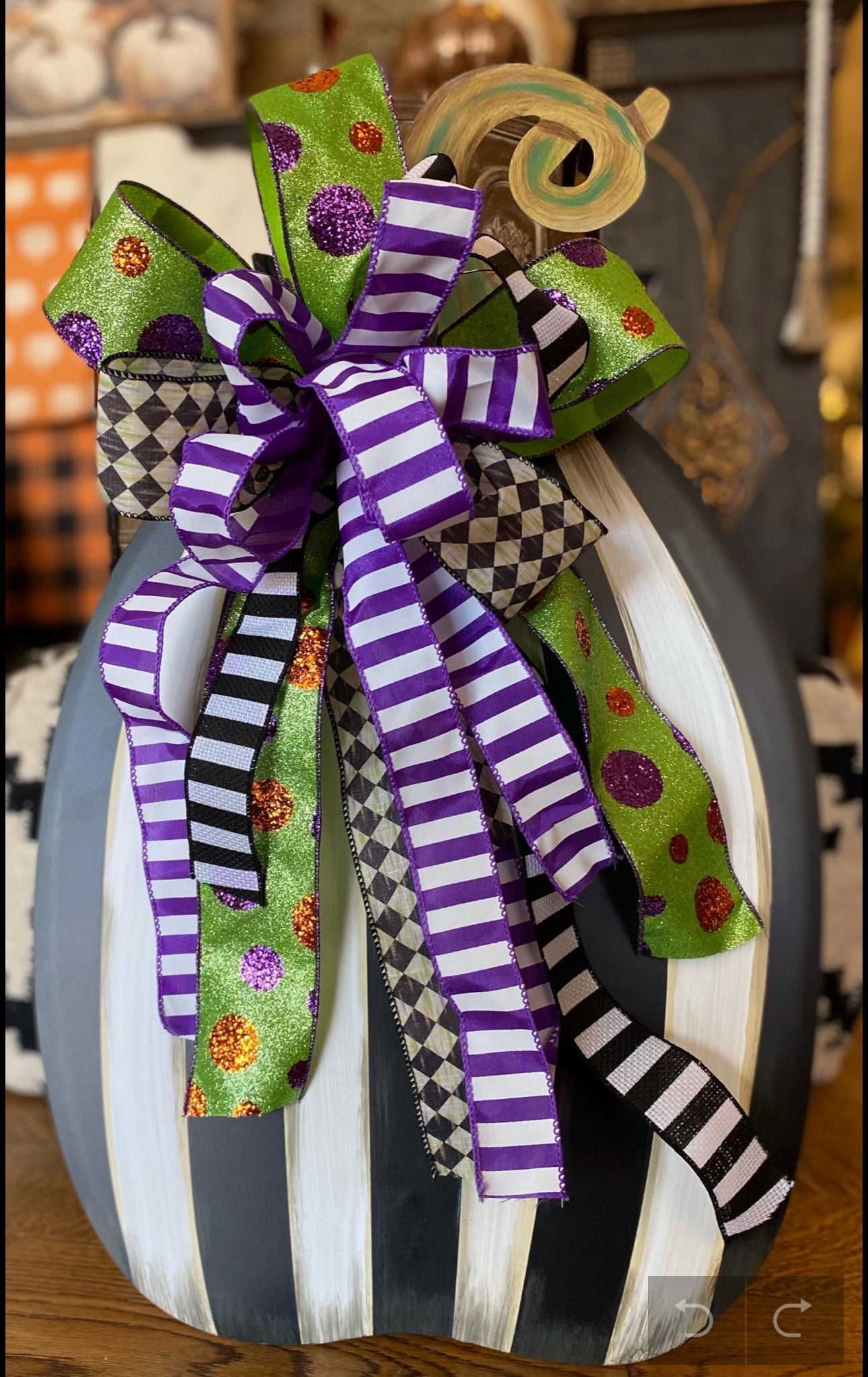 (4) Option Bows: Whimsical Custom Bows Harlequin Black, White, Bright Green, Pink Pumpkin, Stripe Ribbon, Purple, Orange