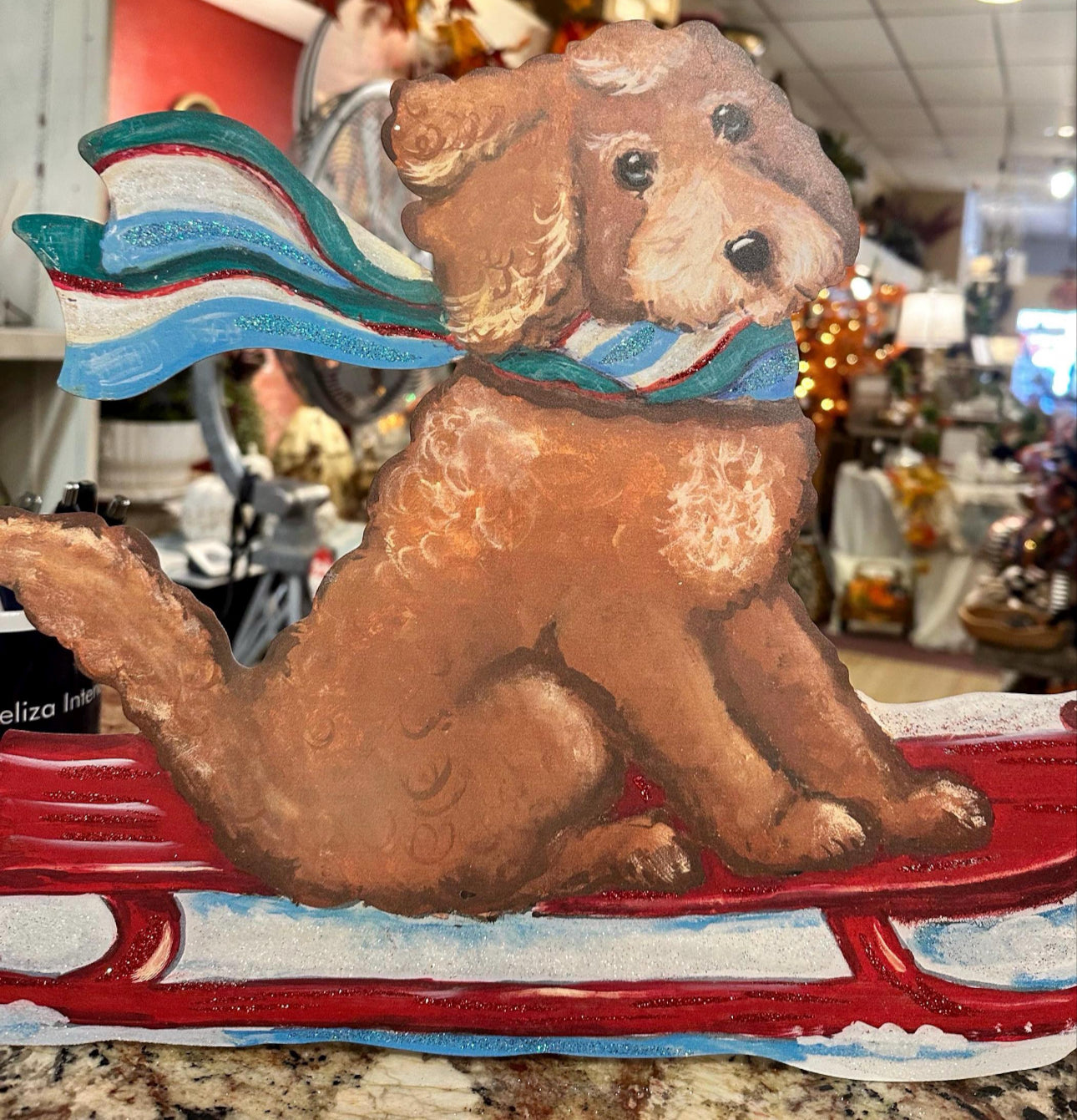 Sledding Golden Doodle on Red Sleigh Metal Outdoor Stake