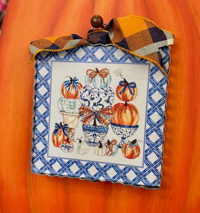 Blue and White Lattice with Pumpkins Fall Mini Print