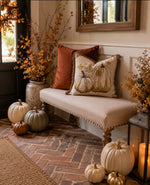 Load image into Gallery viewer, Gold Sequin Accents Embroidered Fall Pumpkin Pillow with Form and Brush Fringe Ends
