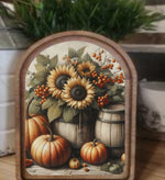 Load image into Gallery viewer, Fall Sunflowers and Pumpkins Wood Frame Picture Arch Top
