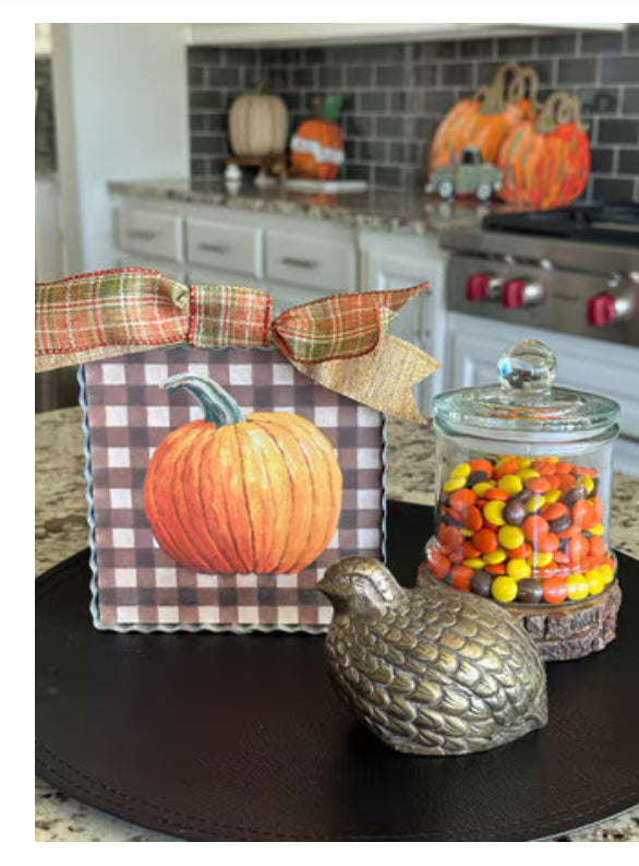 Check Background Pumpkin Mini Print with Galvanized Frame