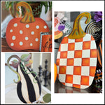 Load image into Gallery viewer, Set of 2 Pumpkins and 1 Tall Gourd Black &amp; White Stripe Metal Stake
