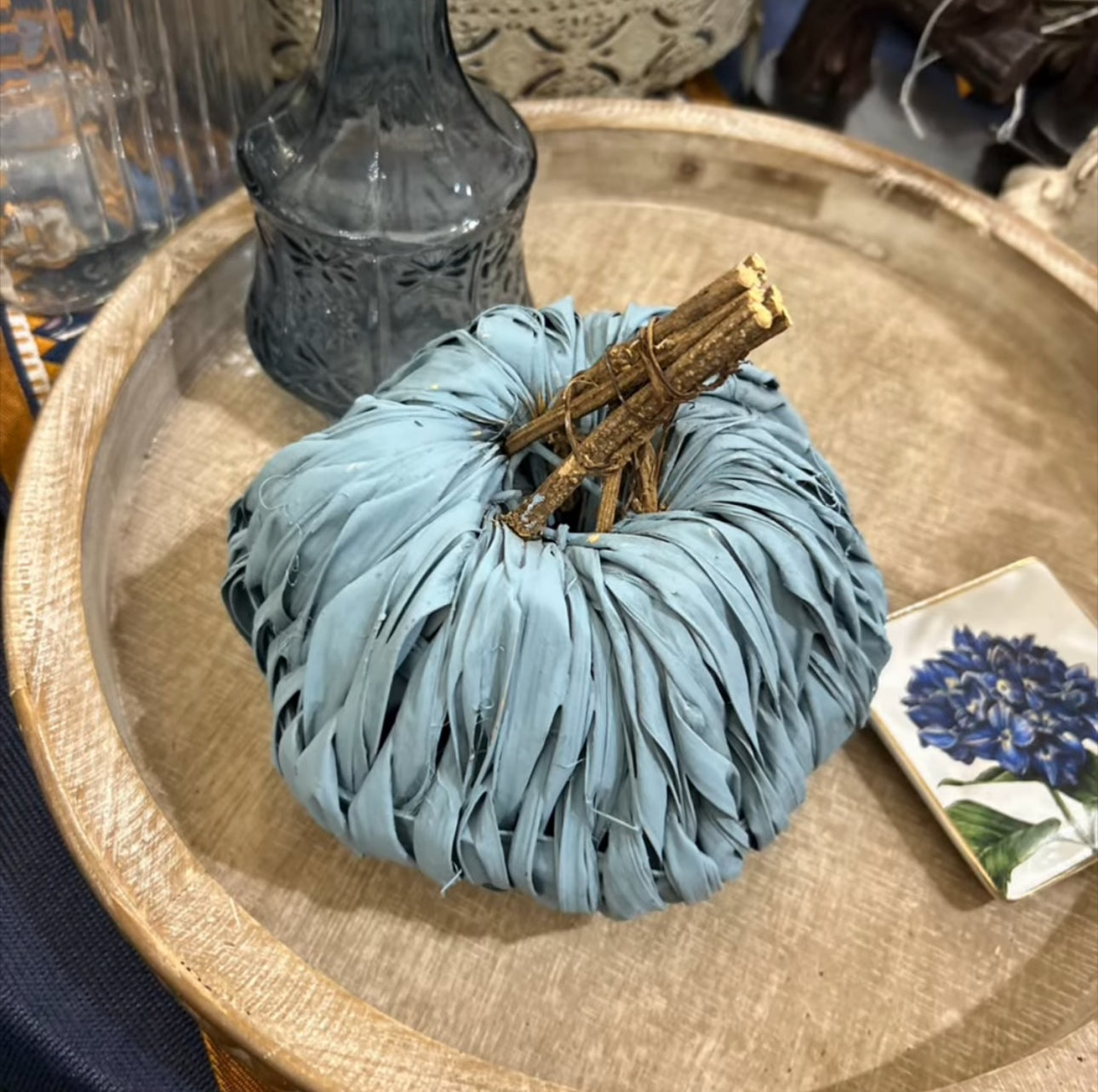 Fall Soft Blue Fabric Pumpkin With Twig Stem
