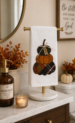 Load image into Gallery viewer, Fall Plaid Pumpkins Gather White Hand Towel
