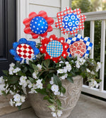 Load image into Gallery viewer, All American Flowers Blue, Red, White Patterns Metal Stakes Set of 5
