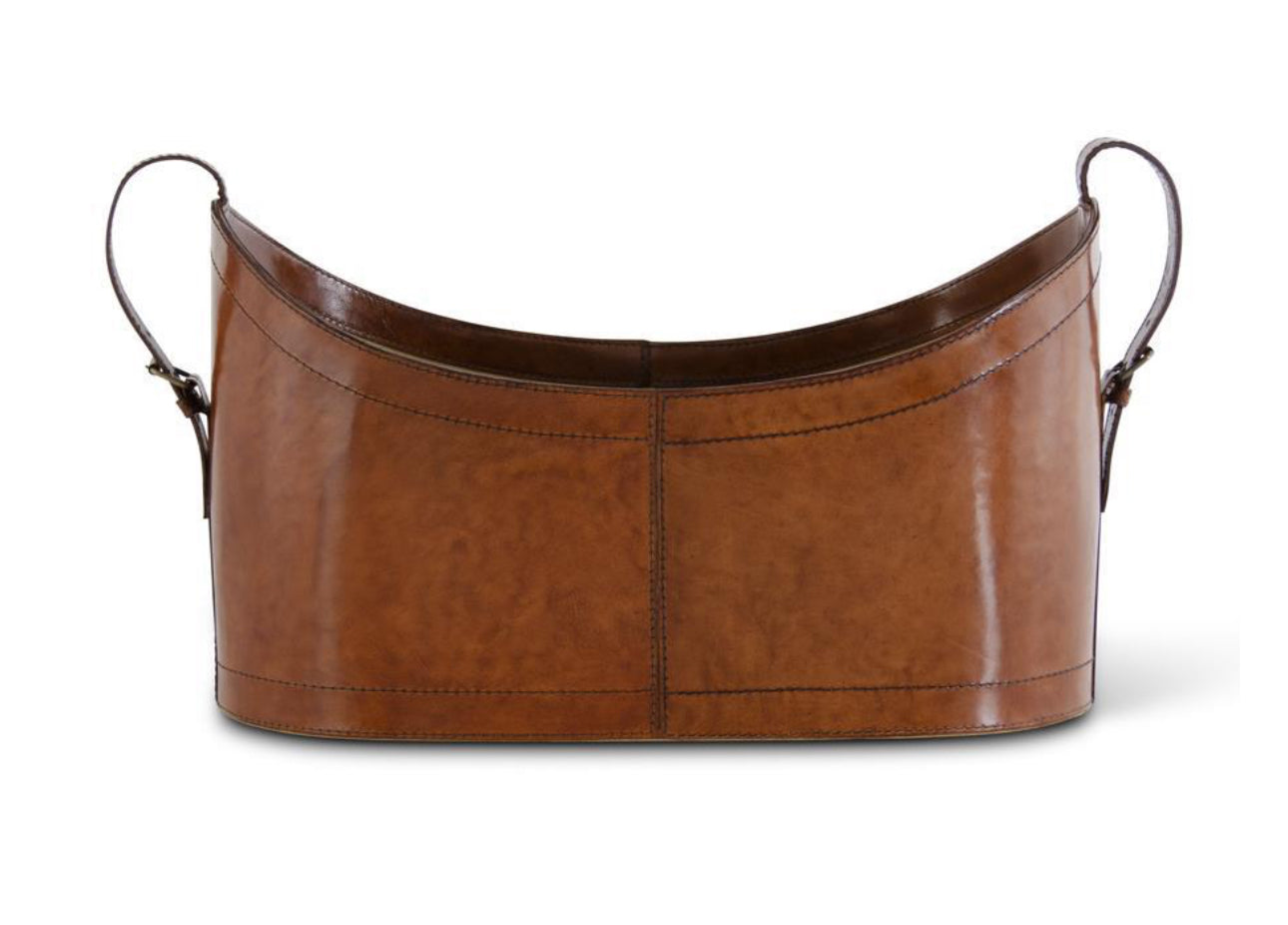 Brown Leather Oval Container with Buckles on Each End