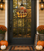 Load image into Gallery viewer, Hello Fall Plaid Door Hanger with Leaf Accents and Wood Background
