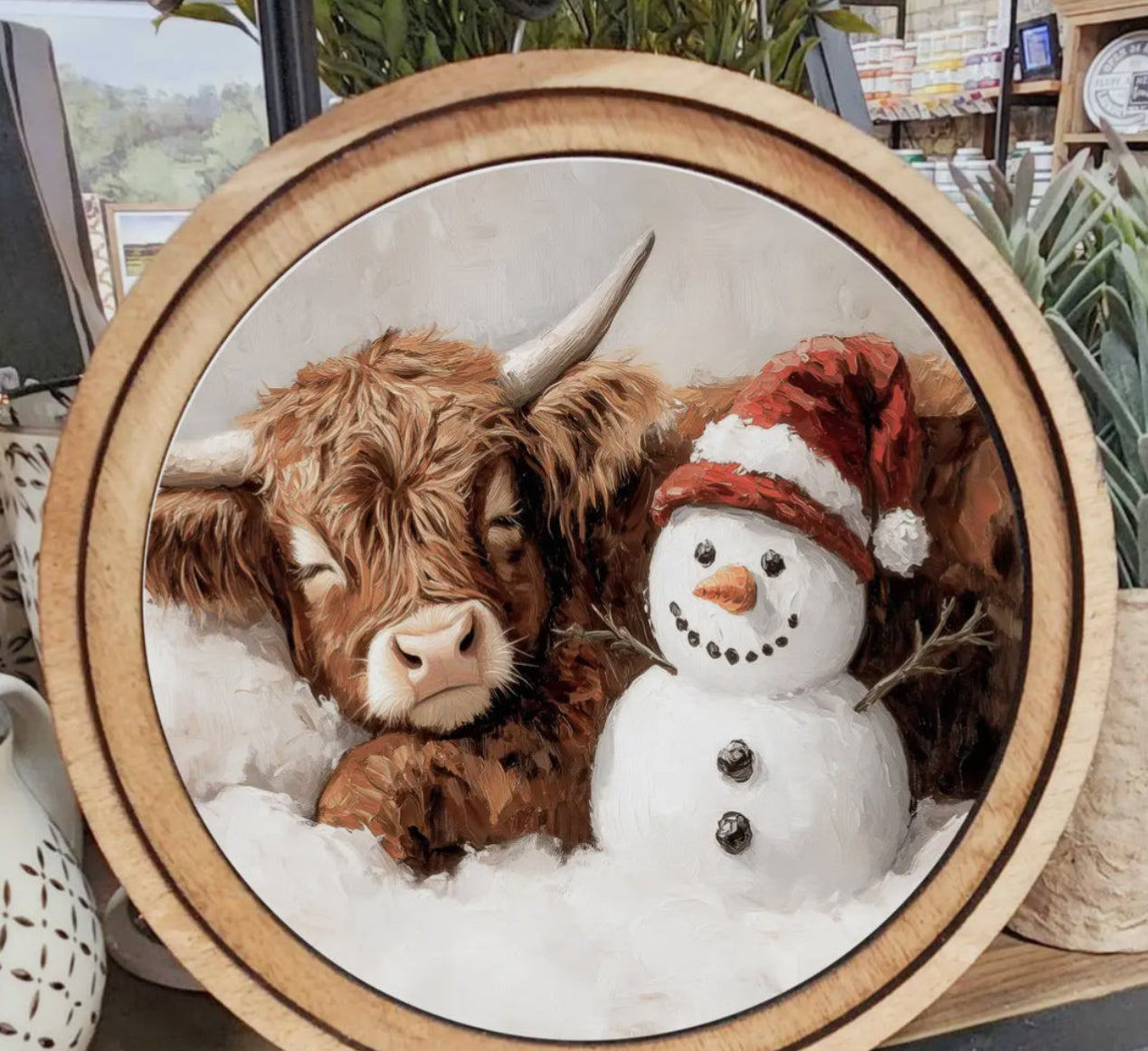 Cow Sleeping by Red White Hat Snowman Round Wood Frame Christmas Decor