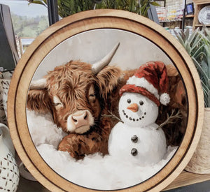Cow Sleeping by Red White Hat Snowman Round Wood Frame Christmas Decor