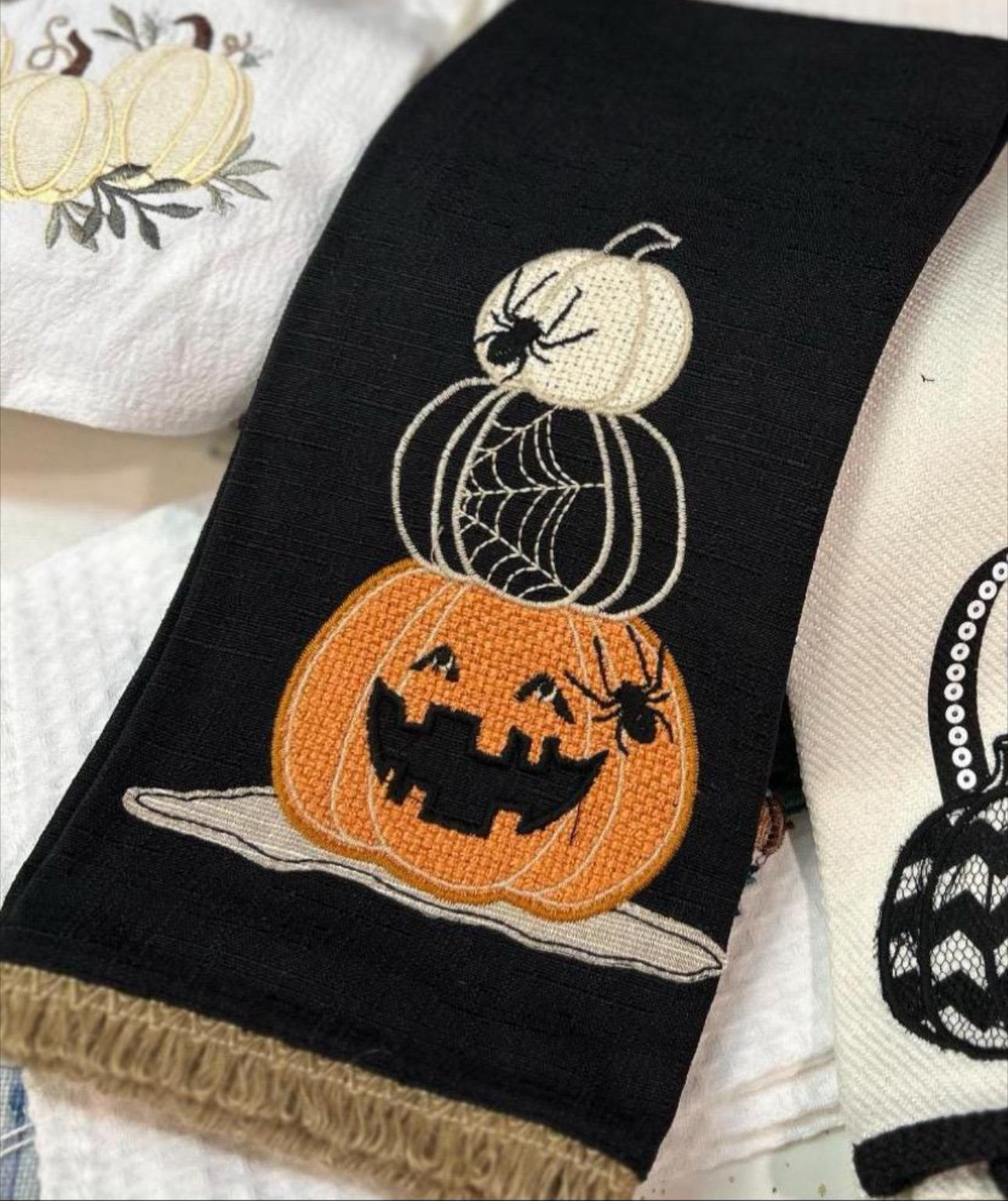 27 Inch Black Halloween Jack O Lantern Stitched Towel