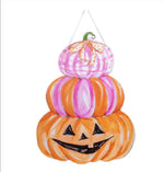 Load image into Gallery viewer, New! Fall Pink and Orange Whimsical Triple Pumpkin Stack Door Hanger
