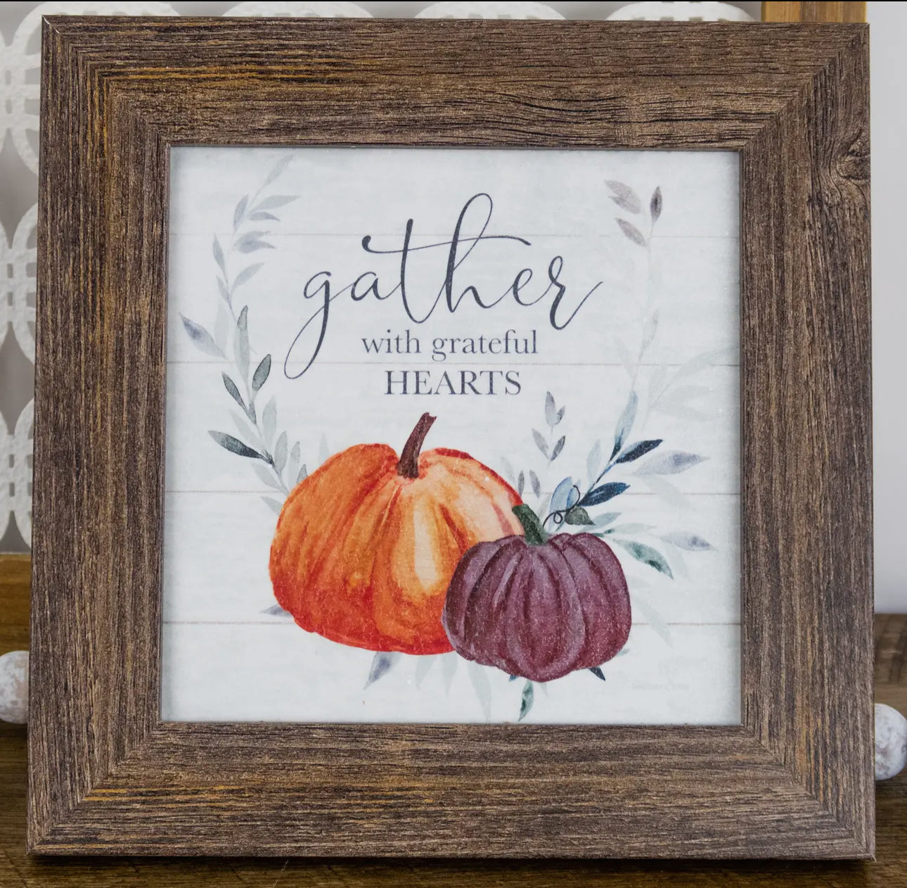 Gather with Grateful Hearts Fall Pumpkin Wood Framed Shimmering Picture