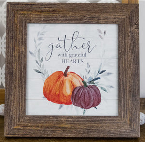 Gather with Grateful Hearts Fall Pumpkin Wood Framed Shimmering Picture