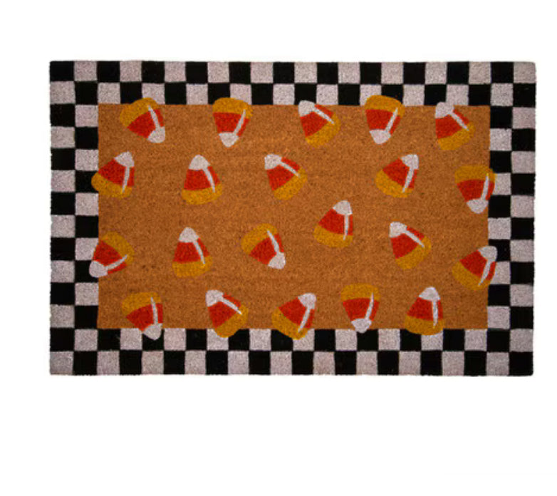 Checkered Black and White Bordered Candy Corn Coir Door Rug