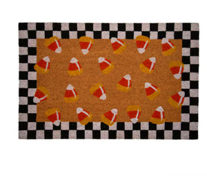 Checkered Black and White Bordered Candy Corn Coir Door Rug