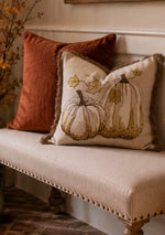 Load image into Gallery viewer, Gold Sequin Accents Embroidered Fall Pumpkin Pillow with Form and Brush Fringe Ends
