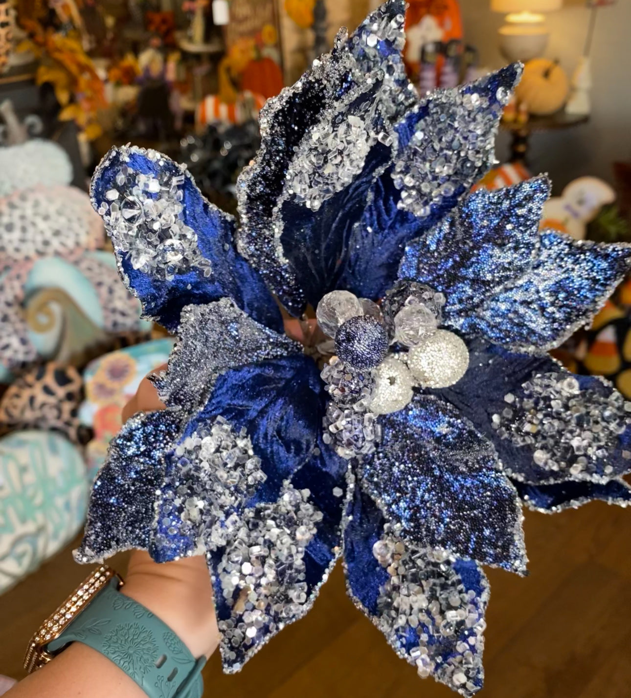 Navy/Blue Glam White Crystal Velvet Poinsettia with Sequins Pack of 3