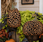 Load image into Gallery viewer, Set of 2 Medium Leopard Metal Stake Pumpkins Fall Pumpkins
