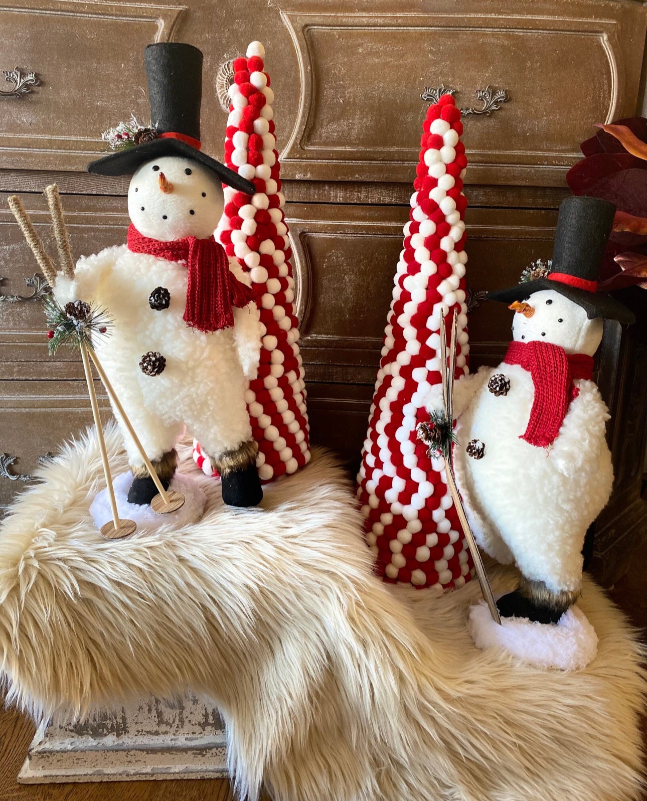 Set of 3 Red & White Pom Cone Trees