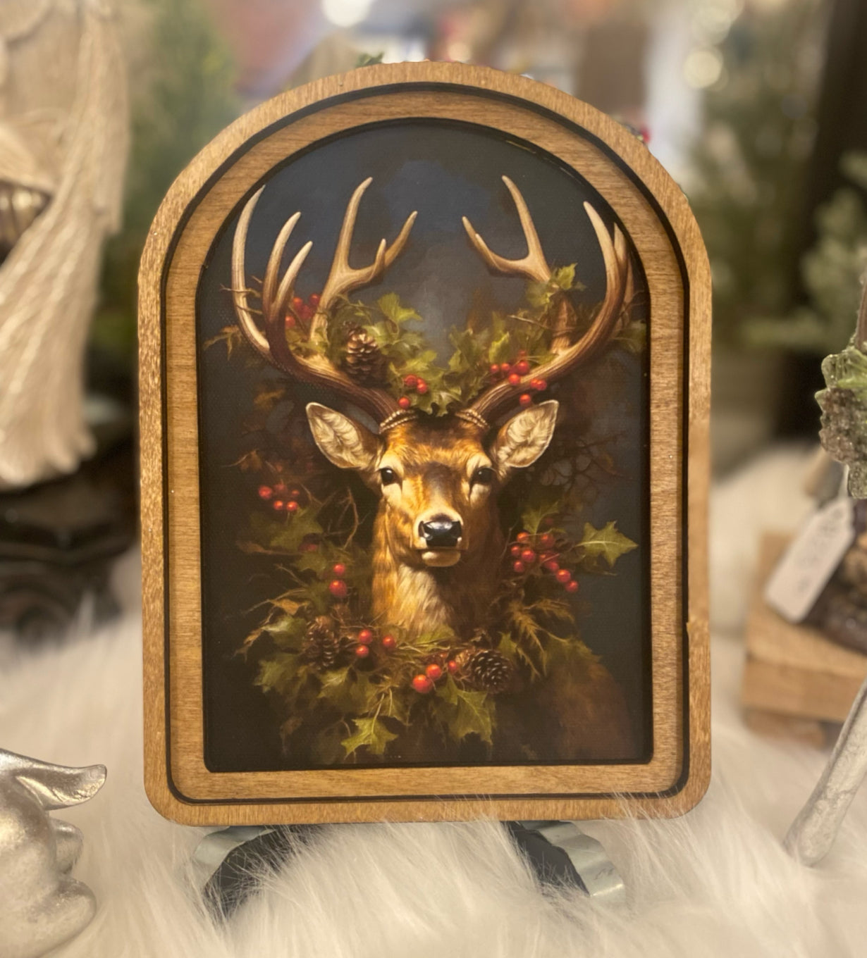 Arch Top Wooden Deer Art with Holly