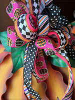 Load image into Gallery viewer, (4) Option Bows: Whimsical Custom Bows Harlequin Black, White, Bright Green, Pink Pumpkin, Stripe Ribbon, Purple, Orange
