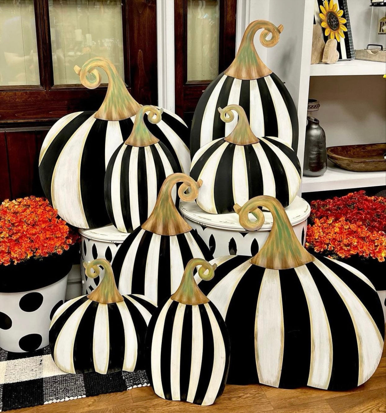 Set of 2: Large Black & White Tall & Short Striped Pumpkin Stake