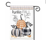 Load image into Gallery viewer, Hello Fall Pumpkins Outdoor Flag Small Black White, and Orange Plaid Border
