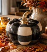 Load image into Gallery viewer, Ceramic Black &amp; White Check Pumpkin with Gold Stem
