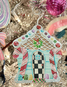 Gingerbread House Metal Ornament Checkered Pattern