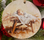 Load image into Gallery viewer, Baby Jesus in Manger Wood Ornament Christmas Decor
