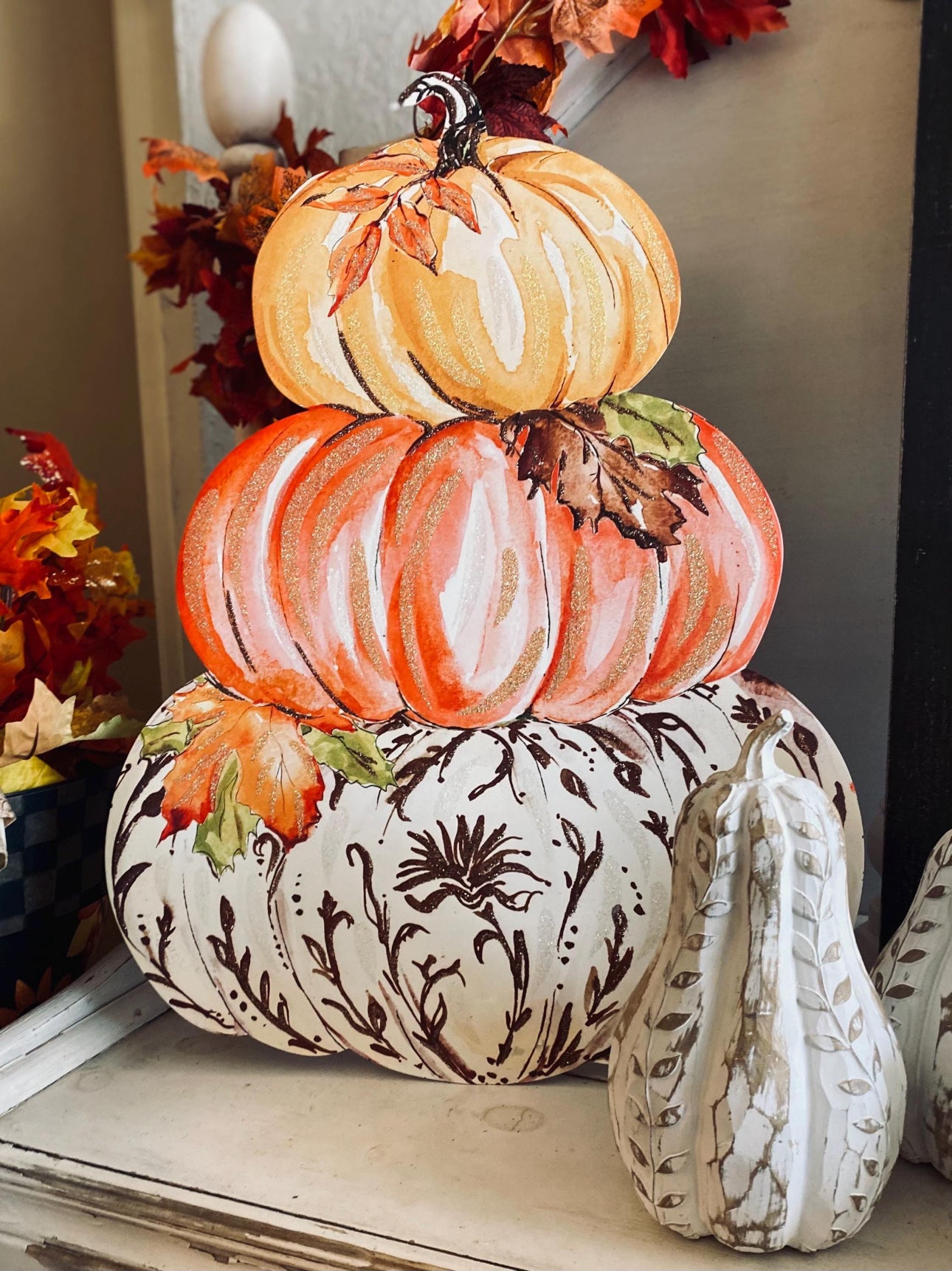 Pumpkin Stack Gold, Orange, & Brown Pattern Metal Stake with Easel