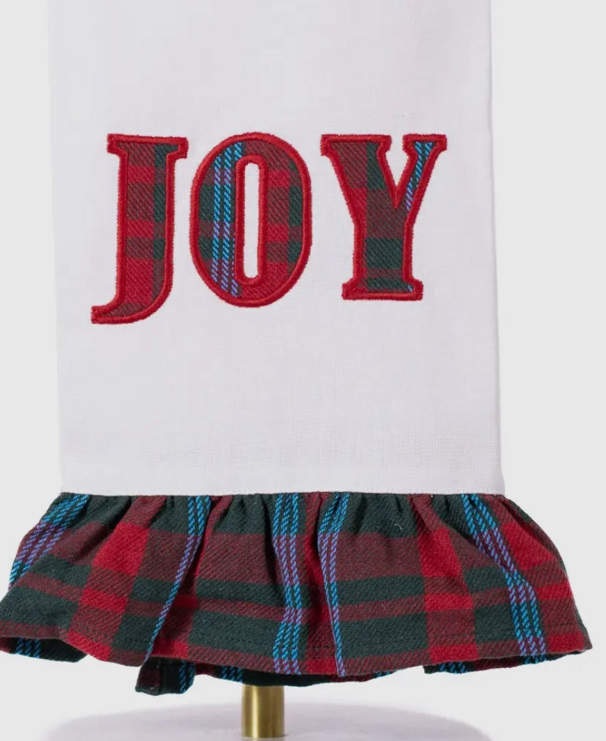 Christmas Joy Hand Towel White with Red, Blue, White Plaid Trim