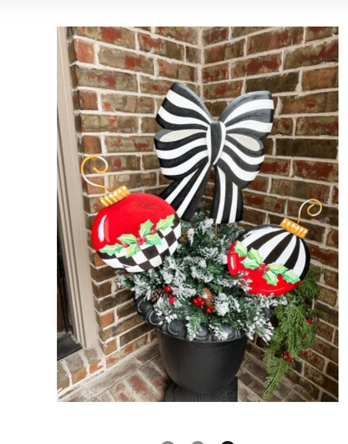 Christmas Black and White Stripe Red Ornament Metal Stakes Set of 2