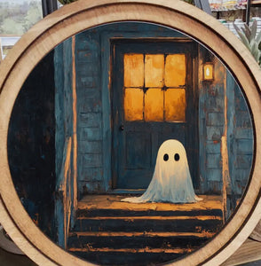 Halloween Spooky House with Ghost Wood Frame Picture 8” Dia