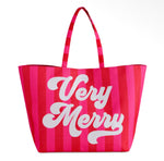 Load image into Gallery viewer, Pink Red Stripe Tote Very Merry
