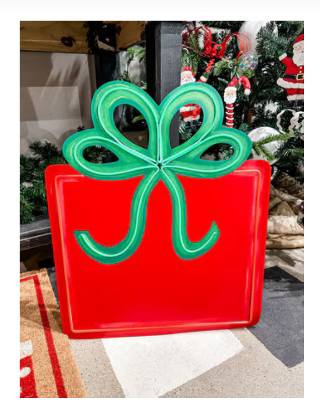 Christmas Neon Red Package with Green Bow Metal Stake Outdoor or Indoor