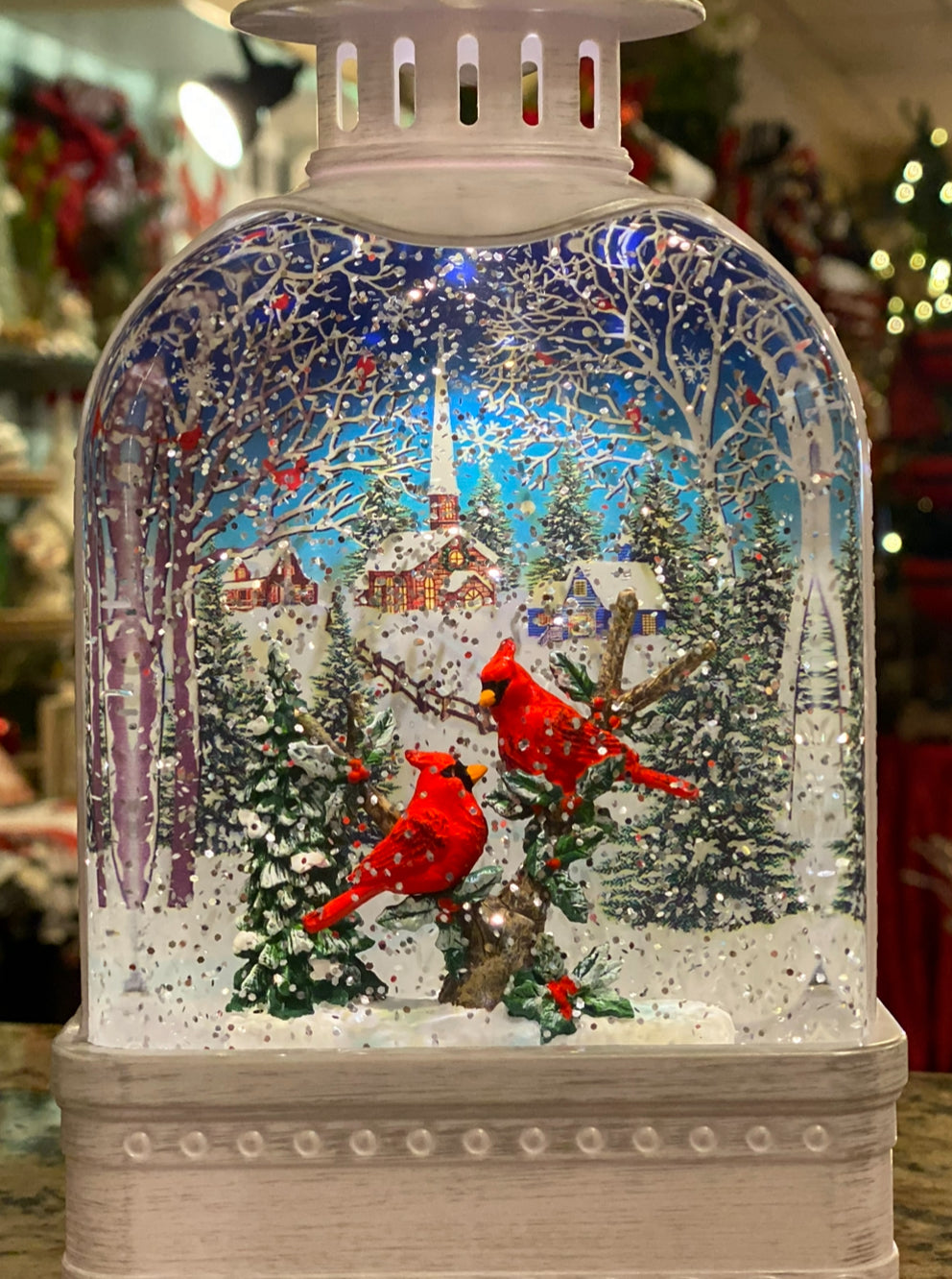 White Lantern Snow Globe with Cardinals and Church Scene