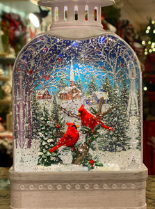 White Lantern Snow Globe with Cardinals and Church Scene