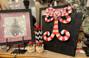 Black Check Metal Package with Candy Cane Bow Red & White