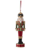 Load image into Gallery viewer, Plaid Nutcracker Ornament in Red, Dark Green, White and Gold with Black Accents
