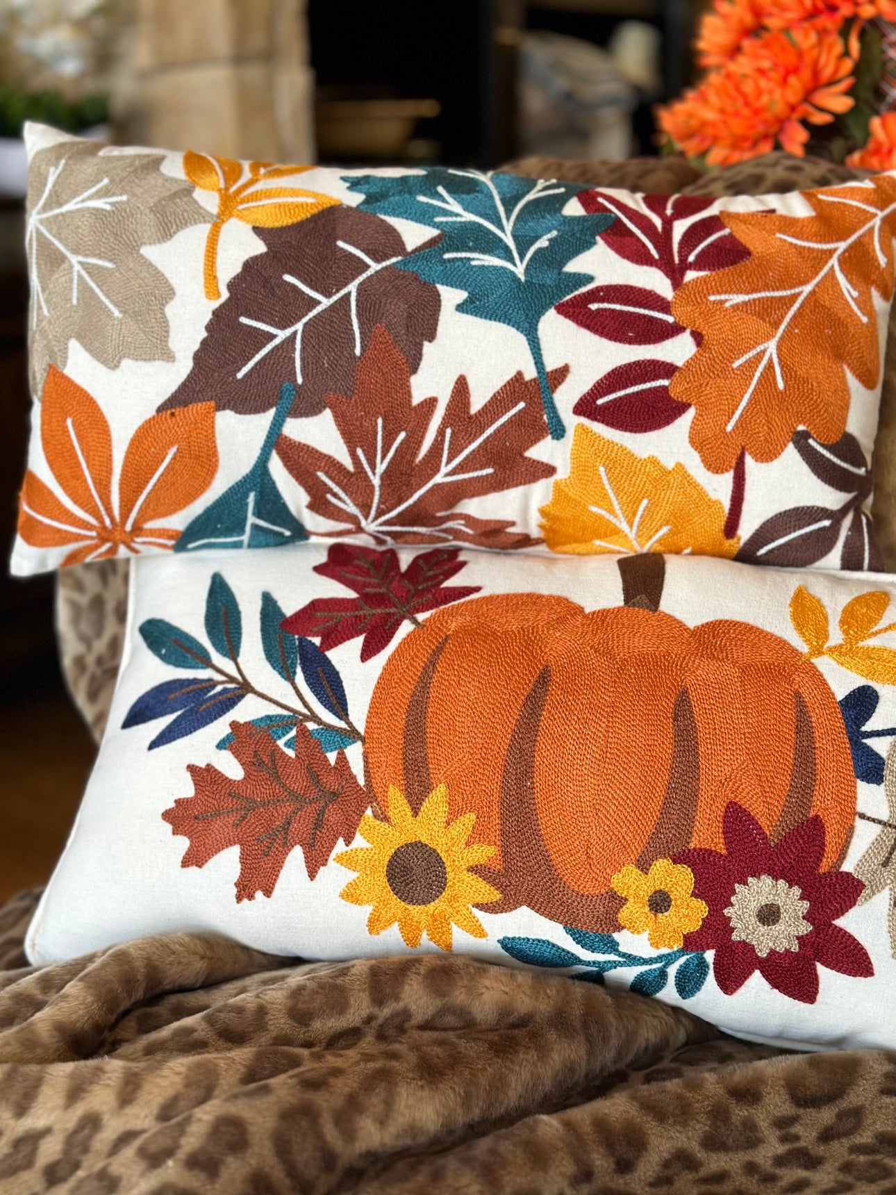 Autumn/Fall Leaves Pillow Teal, Burgundy, Gold