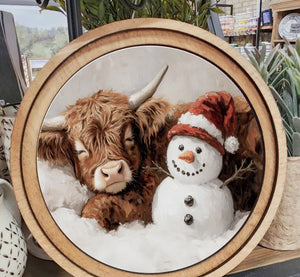 Cow Sleeping by Red White Hat Snowman Round Wood Frame Christmas Decor