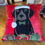 Load image into Gallery viewer, Black Puppy Red Velvet Christmas Pillow with Presents
